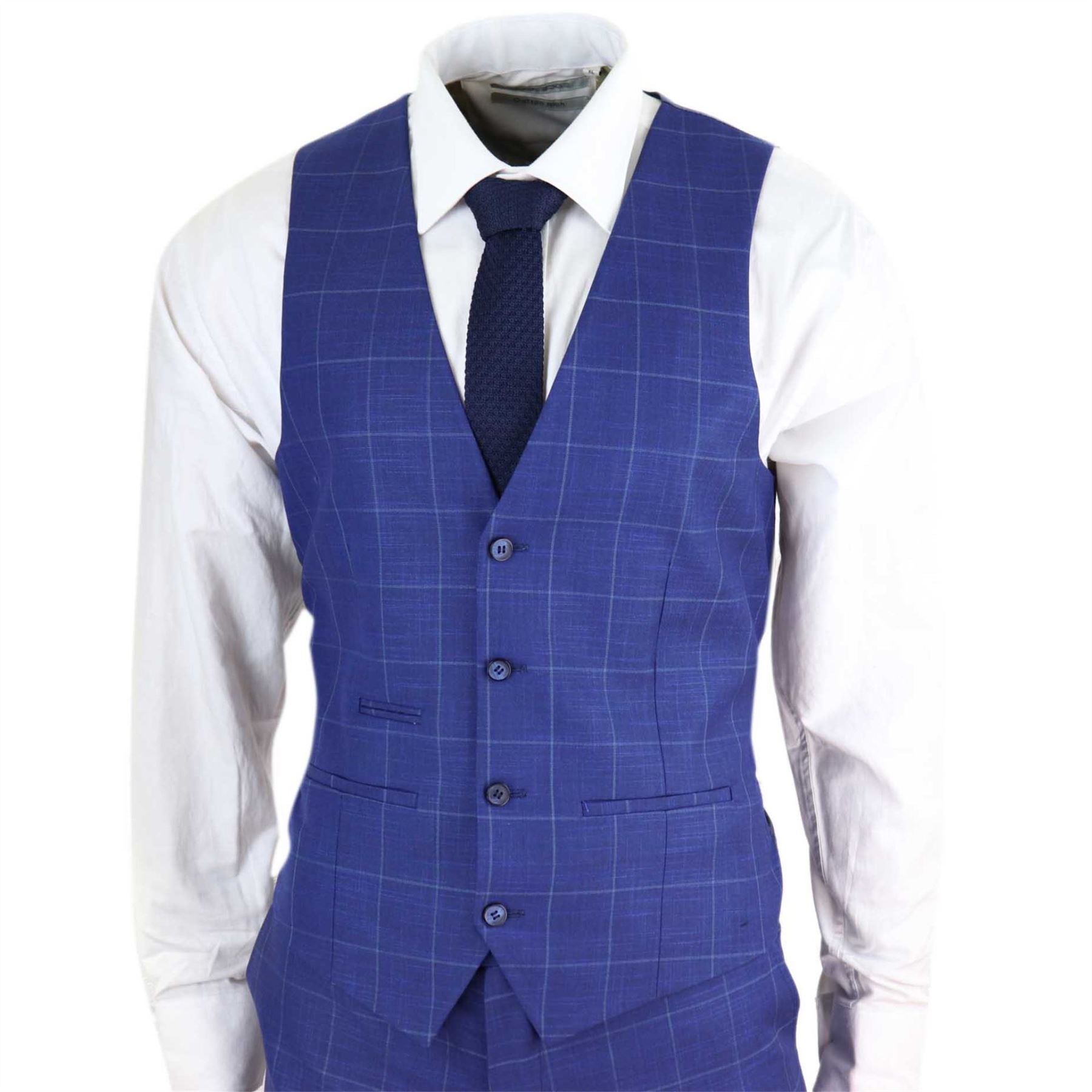 Mens 3 Piece Suit Royal Blue Prince Of Wales Check Suit Classic Wedding Formal