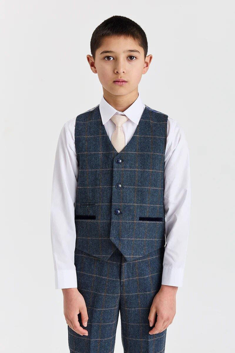 Harris - Boys Navy 3 Piece Wool Blend Tweed Suit