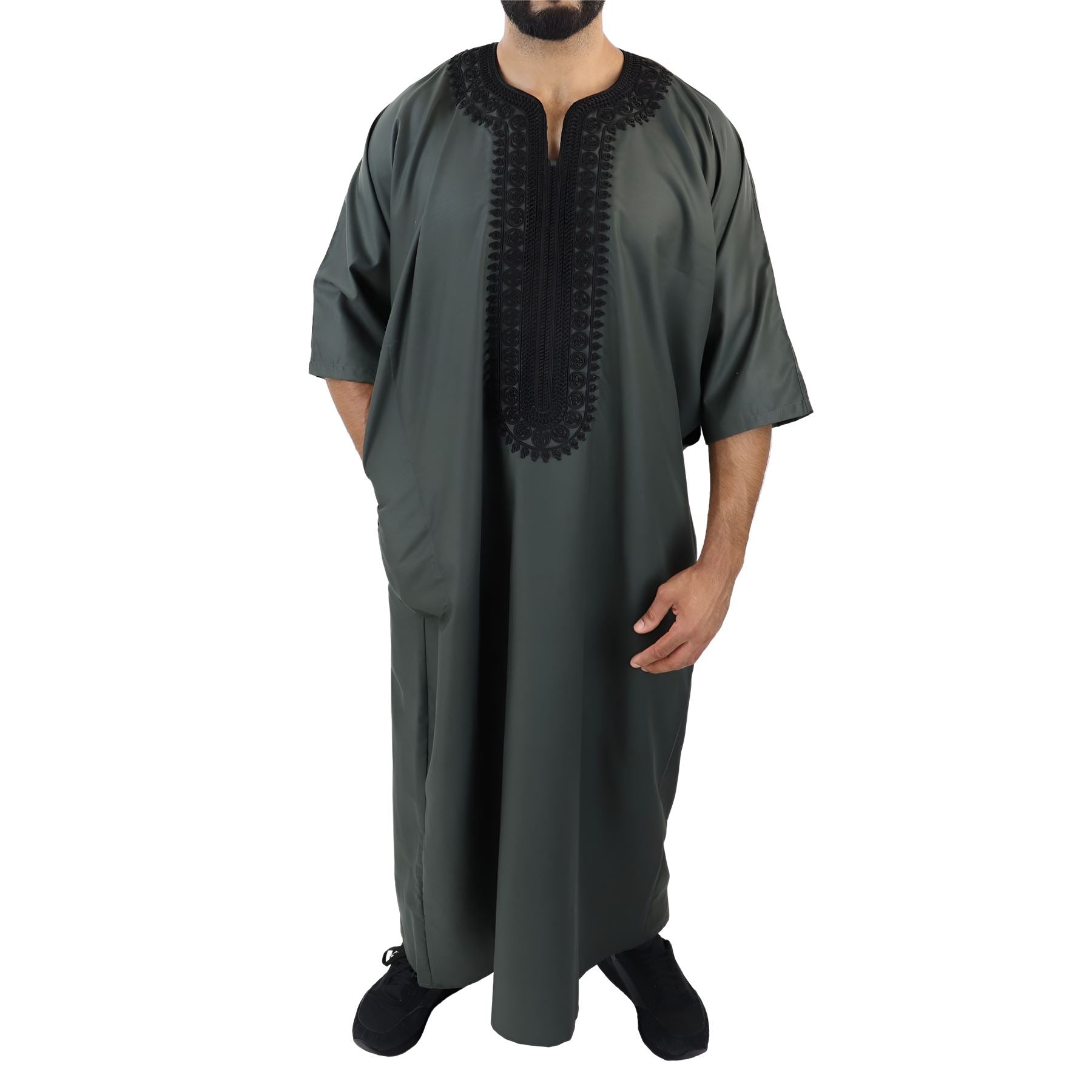 Mens Morrocan Thobe Jubba Islamic Clothing Kaftan Dubai Arabic Robe Half Short Sleeve