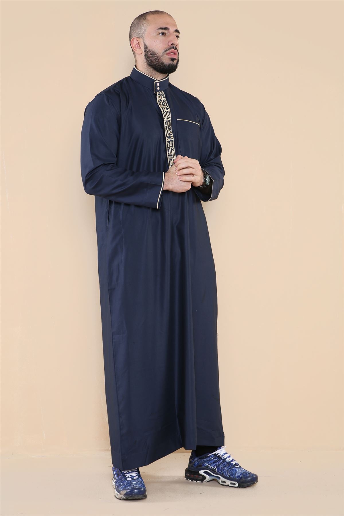 Mens Thobe Jubba Nehru Stand Collar Islamic Clothing Muslim Cotton Kaftan Embroidery Eid Robe Saudi