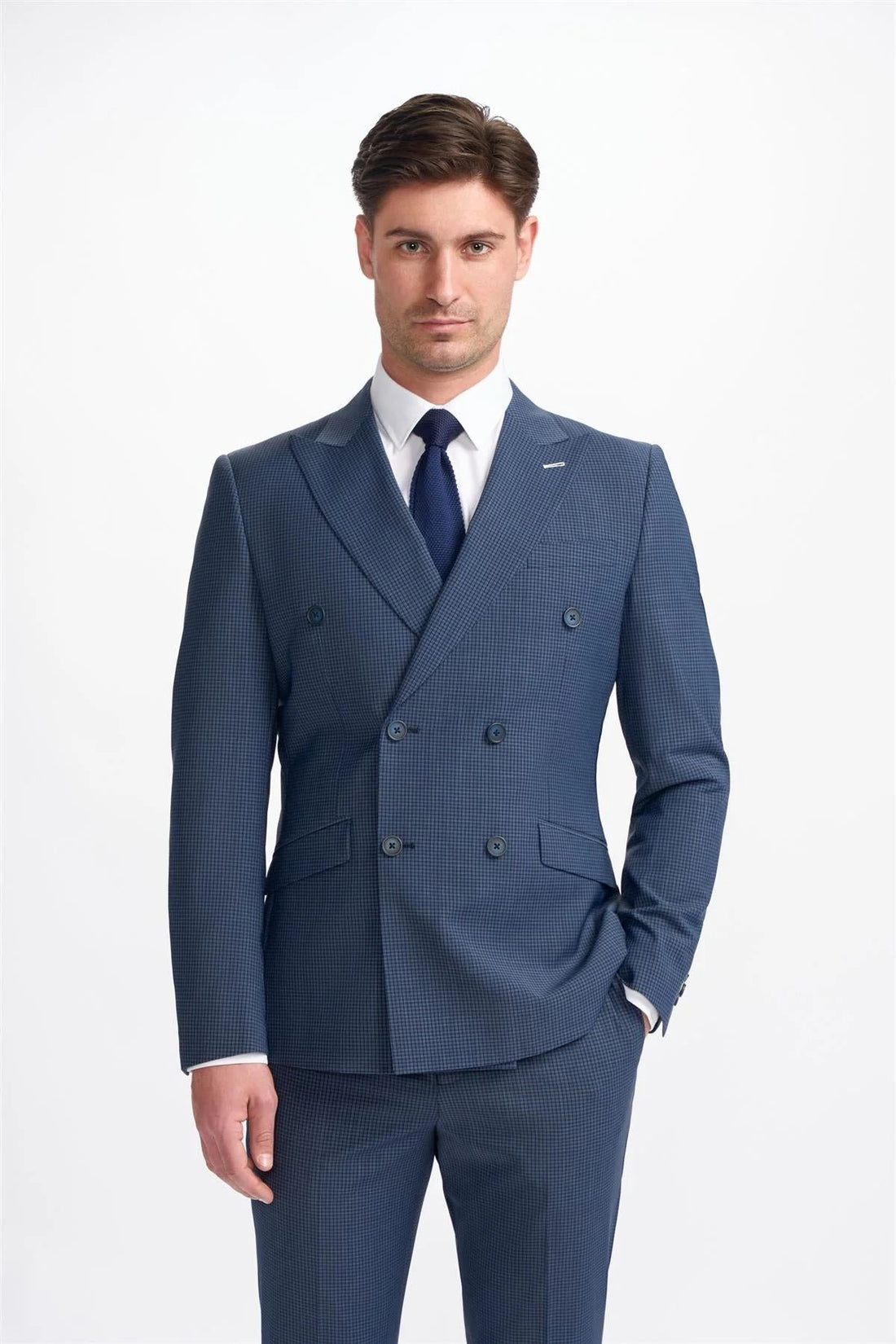 Men's Suit Navy Check 2 Piece Double Breasted Tailored Fit Formal Wedding Dress