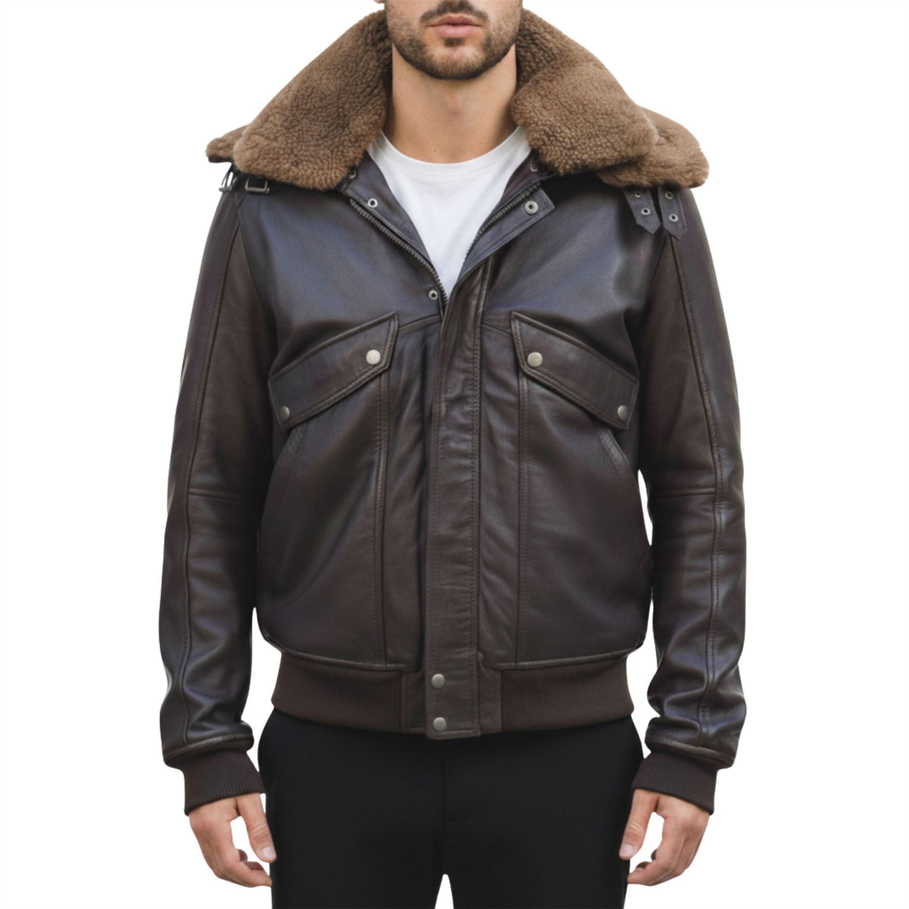Men's Brown Leather Bomber Aviator Style Jacket