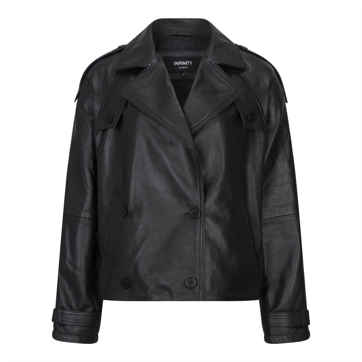 Women's Leather Jacket Cropped Trench Coat - Black / X-Small