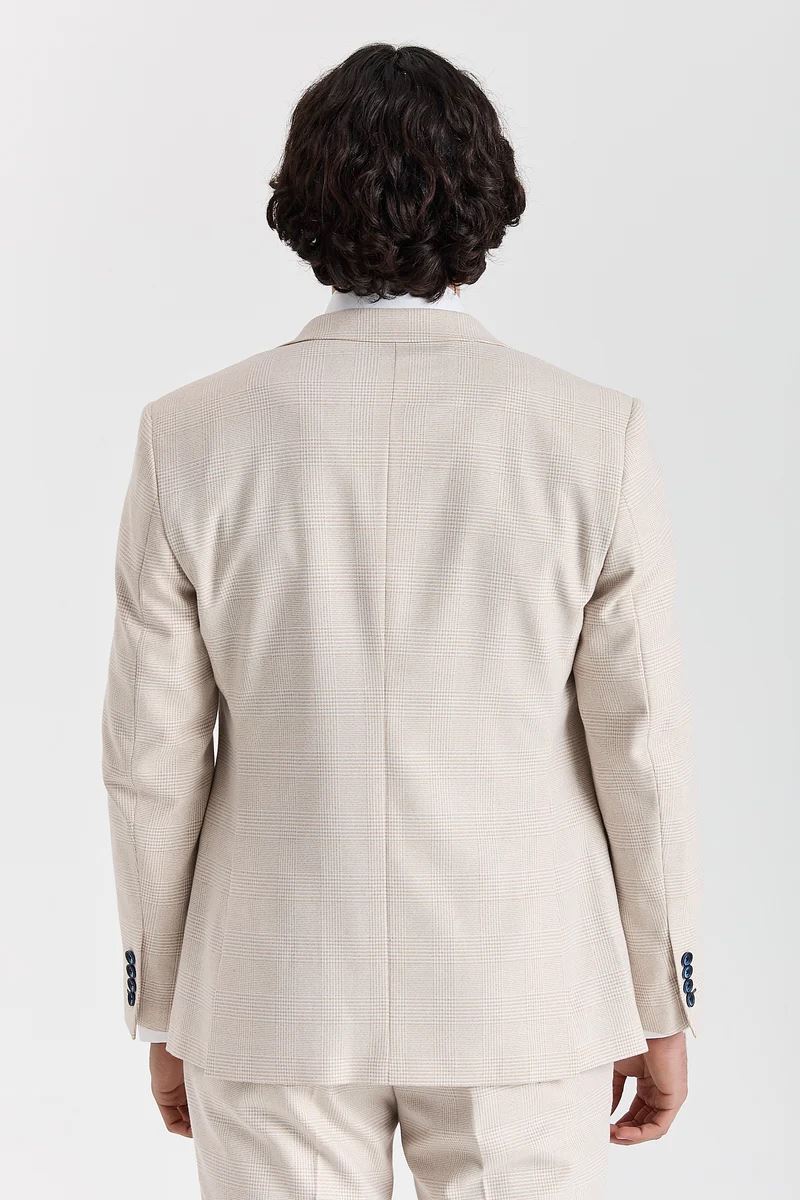 Regent - Men's Cream 3 Piece Checked Tailored Fit Suit