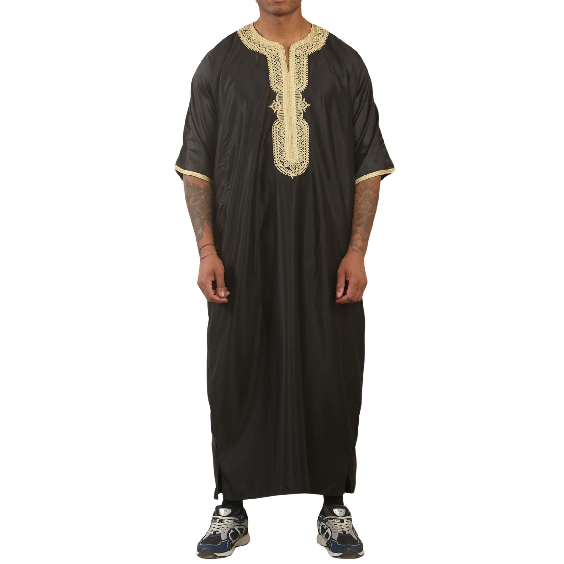 Men's Moroccan Thobe Gandoura Short Sleeve Jubba Islamic Clothing Kaftan Eid Robe Arab Embroidery