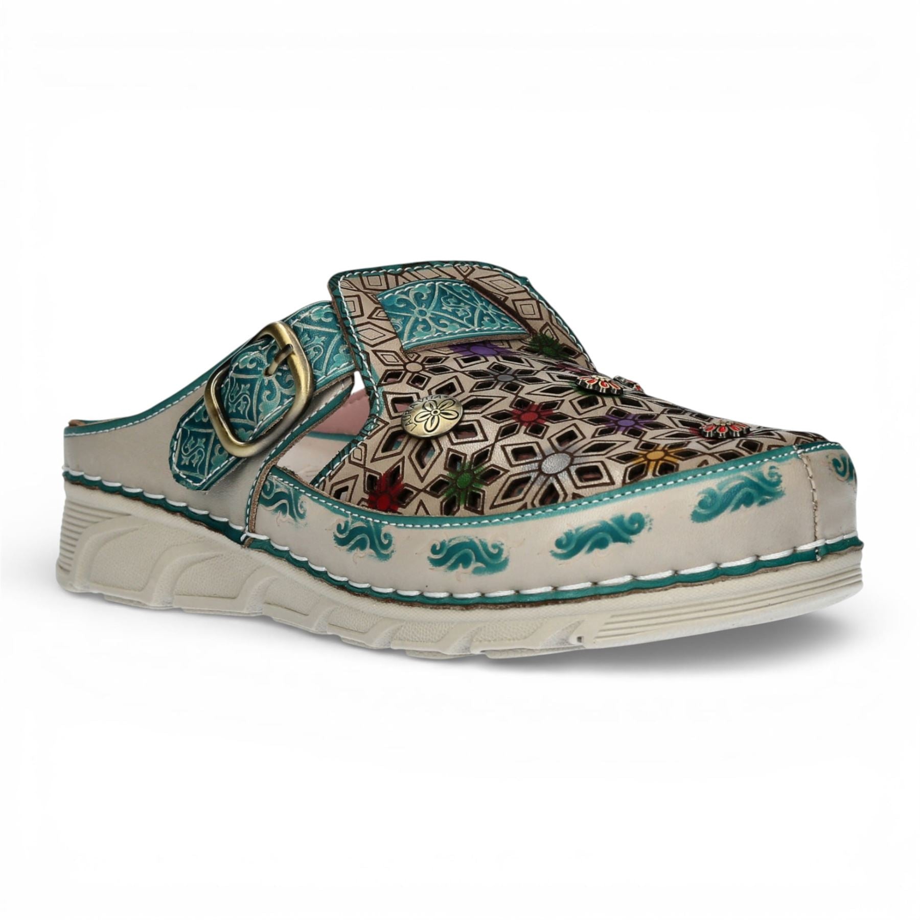 Dorry 01 - Women’s Floral Blue Leather Wedge Slipper