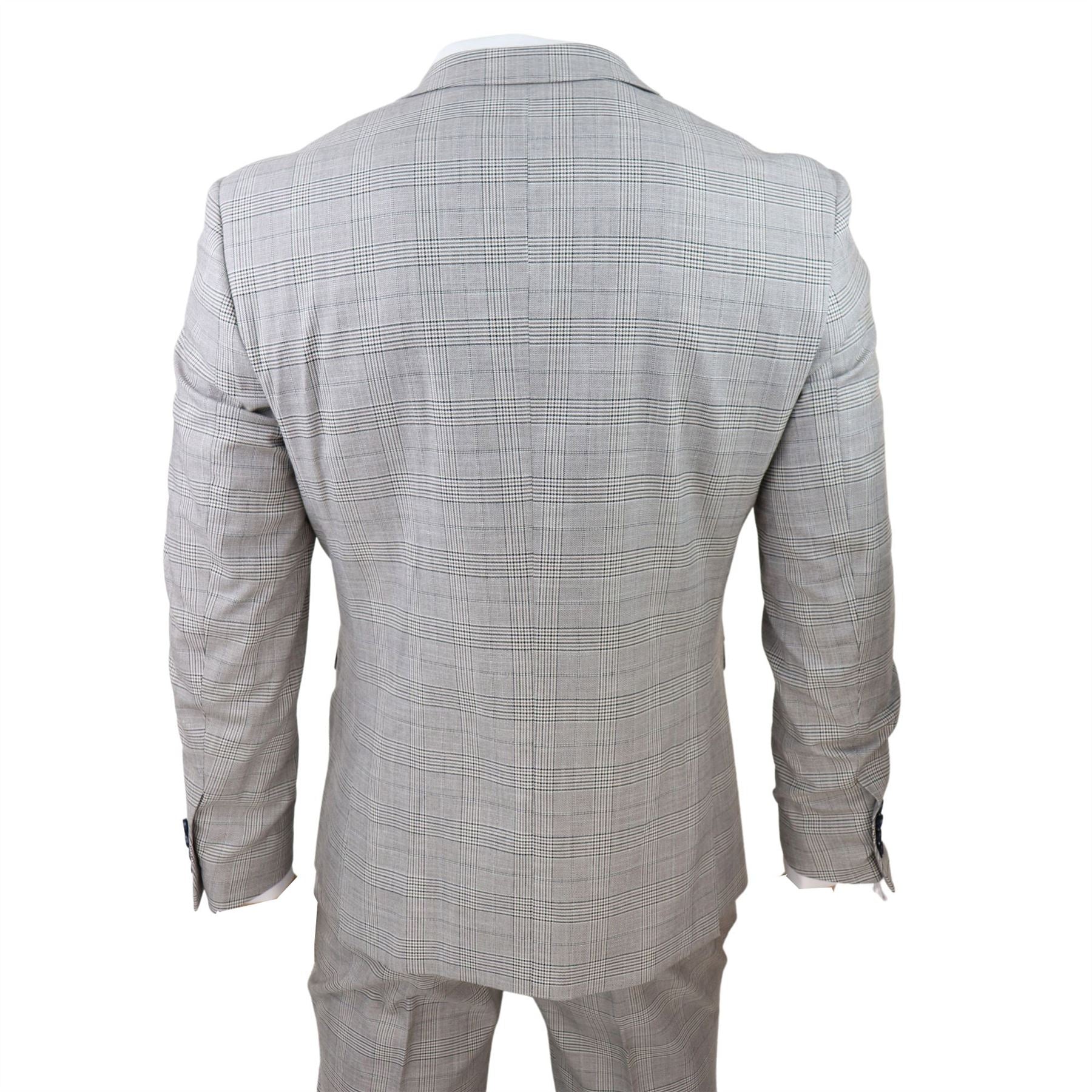 Mens Light Grey 3 Piece Suit Navy Blue Check Velvet Trims Wedding Tailored Fit Classic