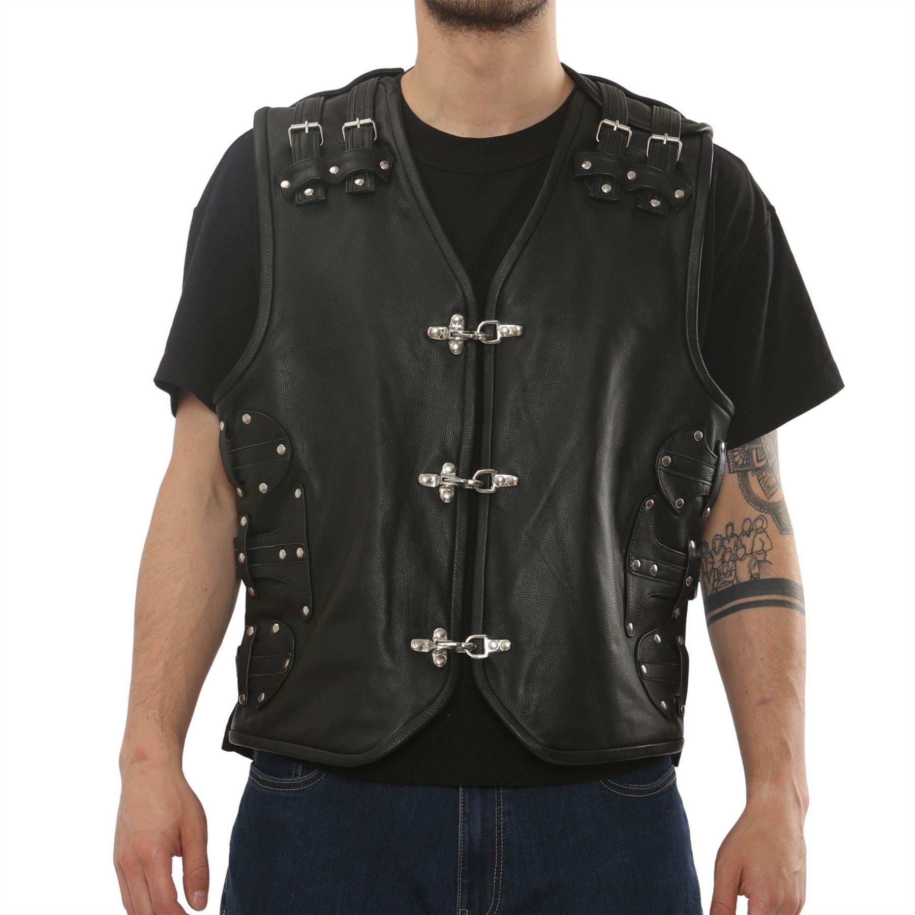 Men's Leather Motorcycle Vest Black Biker Waistcoat