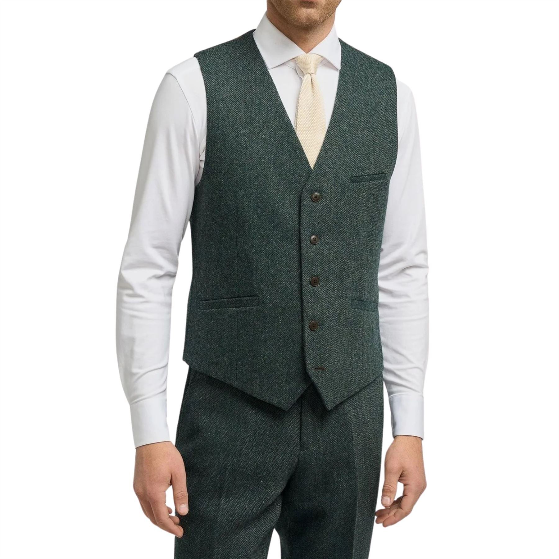 Thomas - Men's Olive Wool Blend Herringbone Tweed Waistcoat