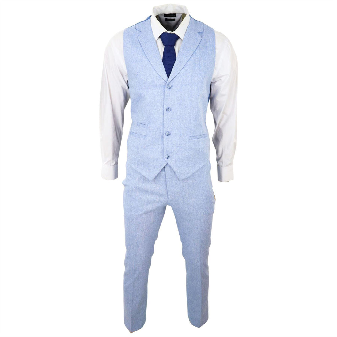 Mens Summer Suit Waistcoat Trousers Linen Smart Formal Baby Blue Wedding - Knighthood Store