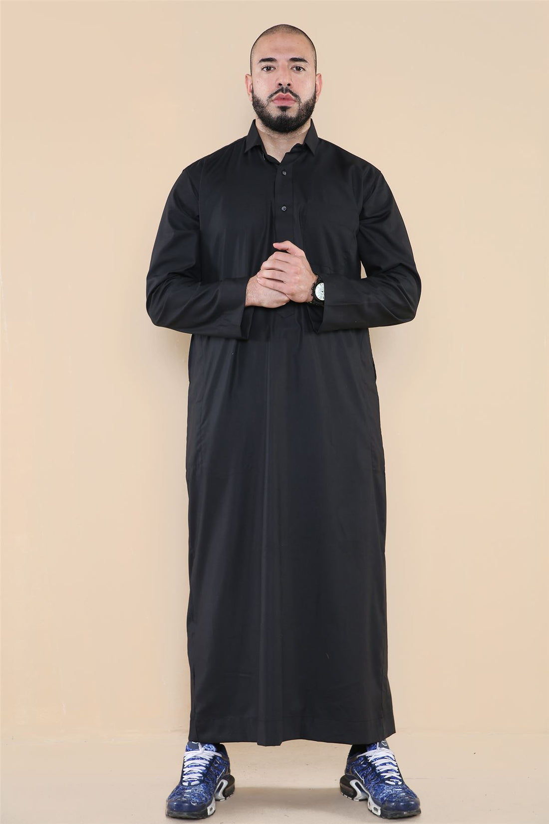 Mens Thobe Jubba Turn Down Collar Islamic Muslim Cotton Kaftan Dress Robe Arabic