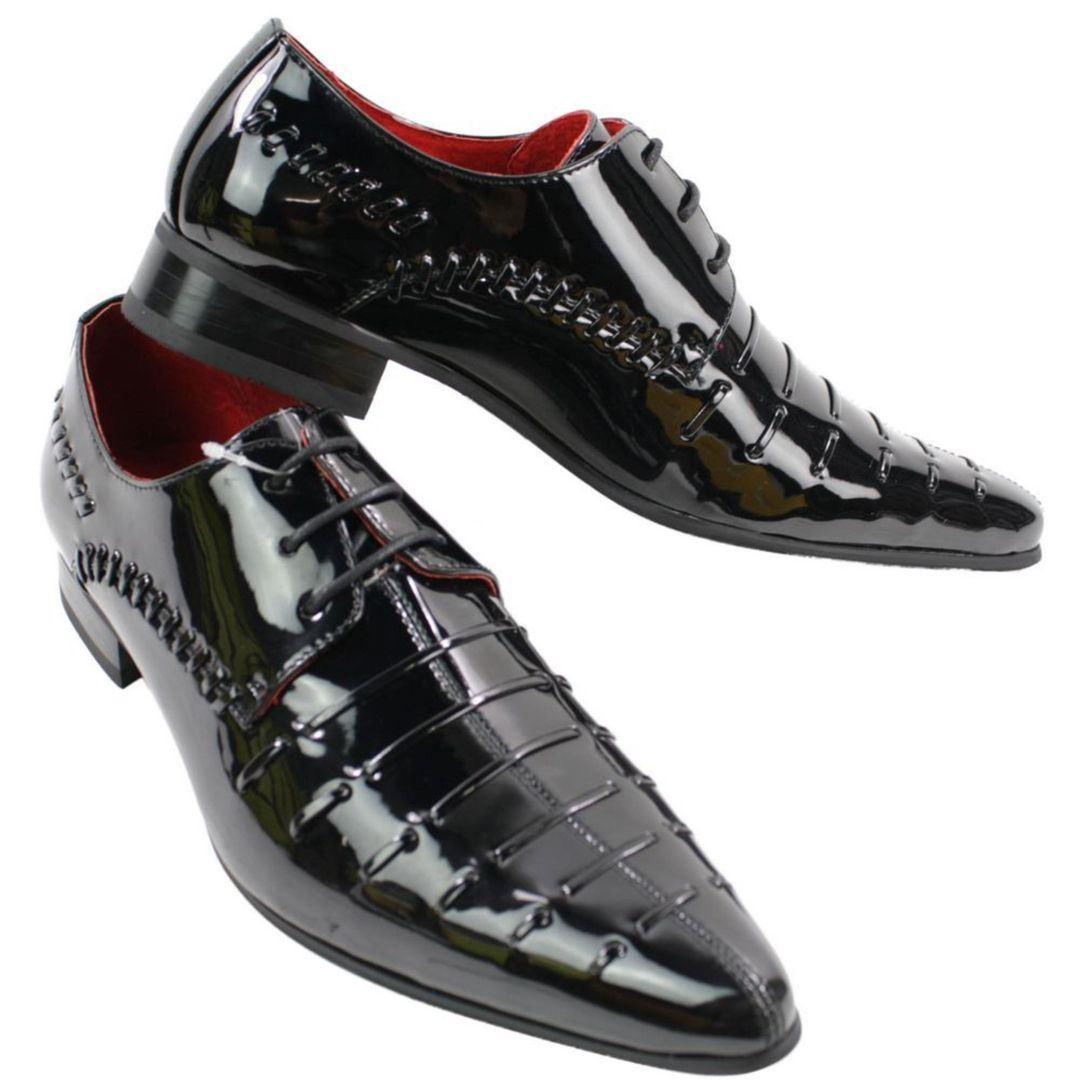 Mens Italian Design Black Red Laced Leather Shiny Patent Shoes Smart Casual - Knighthood Store