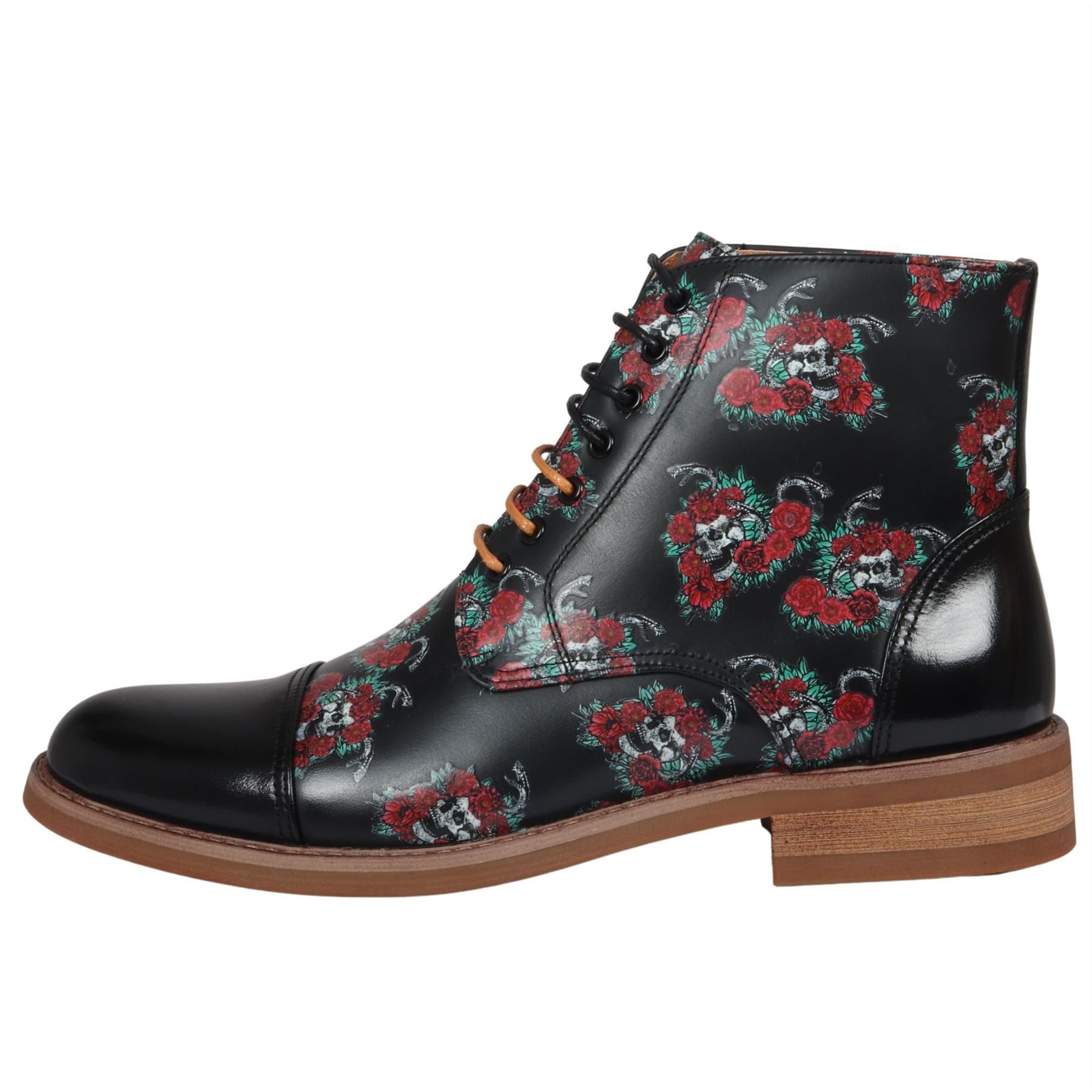 Men's Boot Black Oxford Floral Skull Print Lace Up Leather Dress Ankle Boots