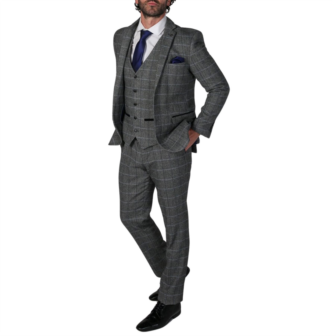 Men's Grey Suit Tweed Herringbone 3 Piece Wool Blend Formal Dress Suits
