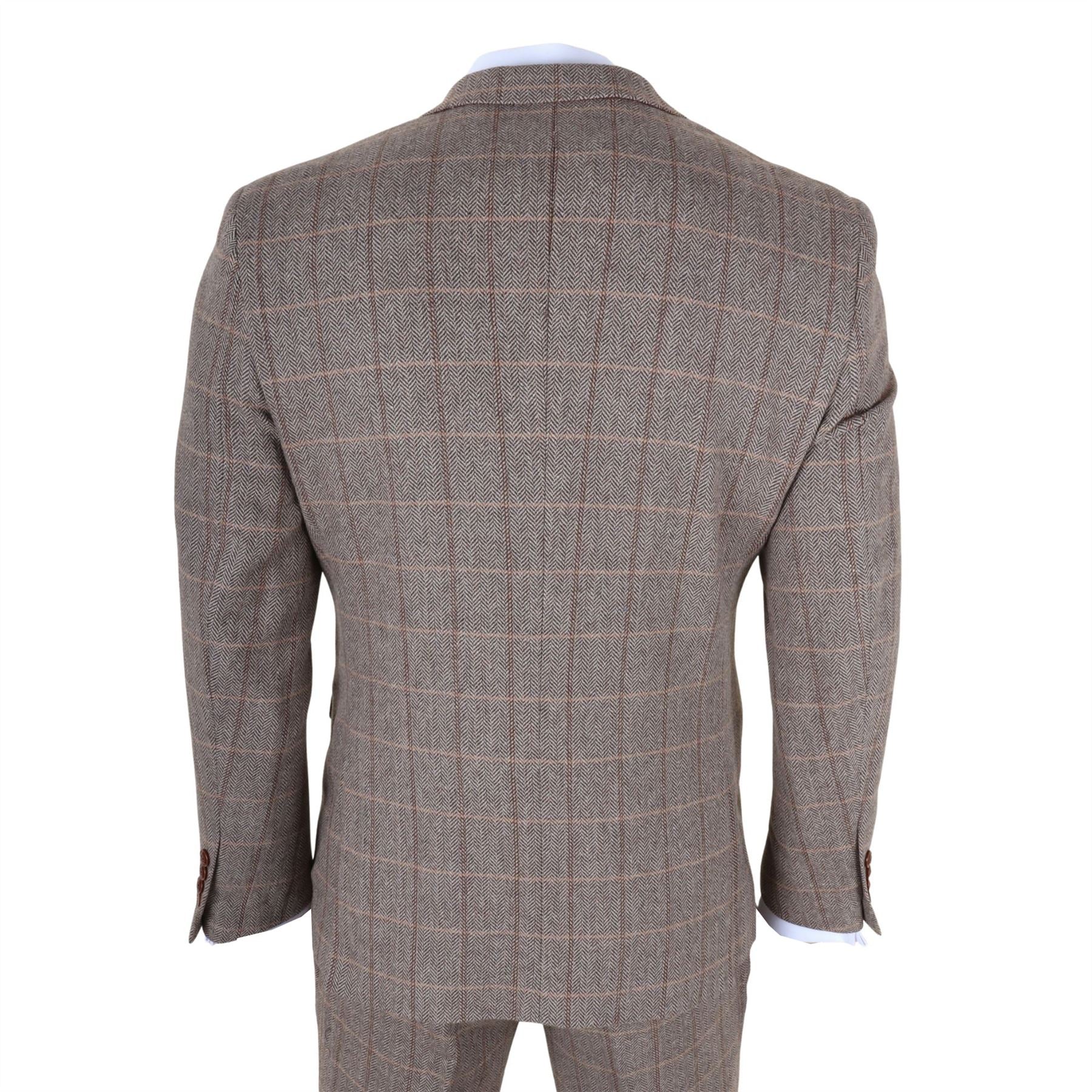 Harris - Men's Brown 3 Piece Herringbone Check Tweed Suit