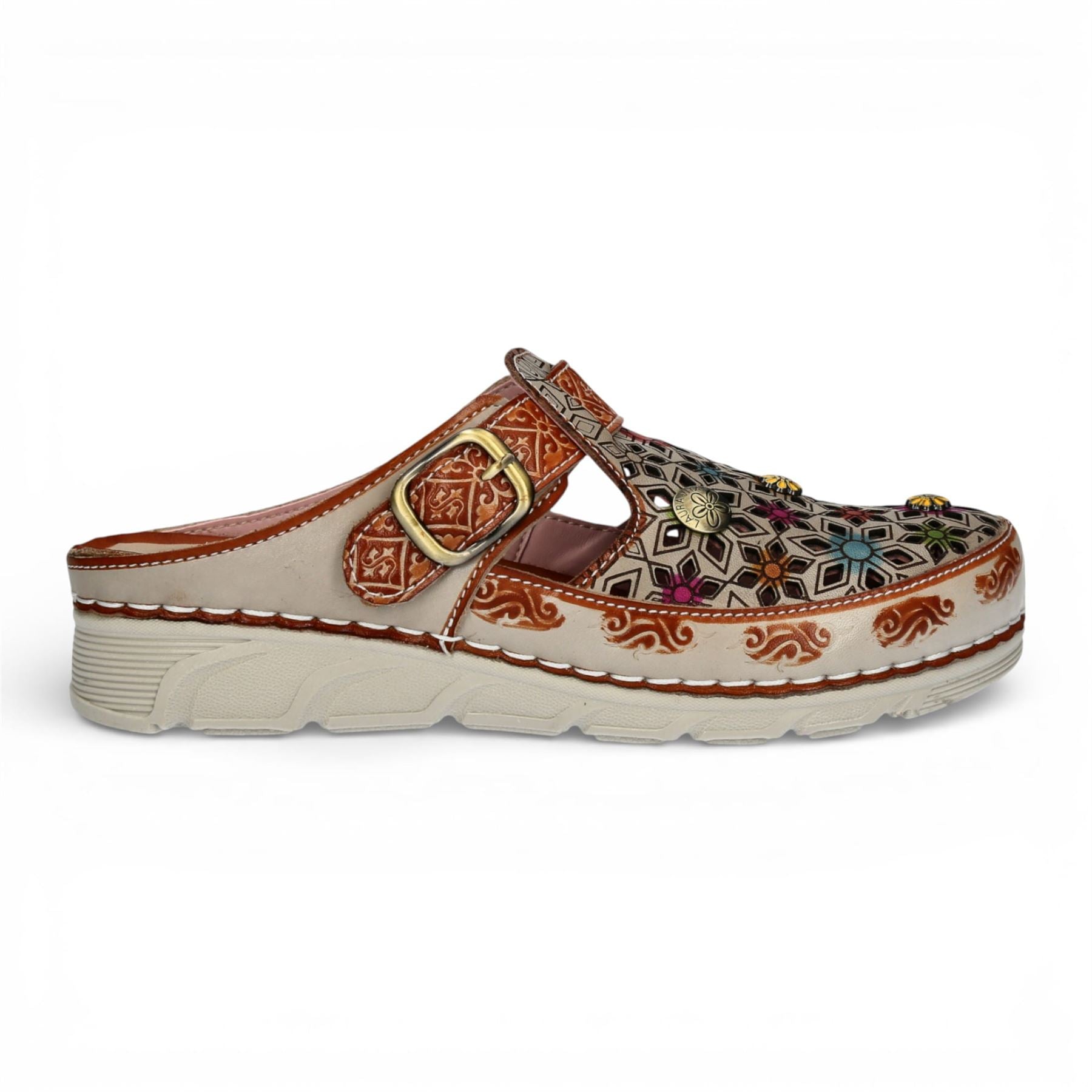 Dorry 01 - Women’s Floral Beige Leather Wedge Slipper
