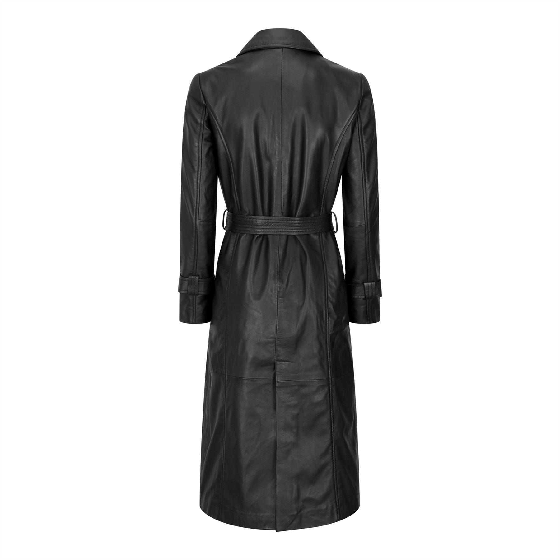 Womens Real Leather Trench Coat Mac Classic 3/4 Long Black 1980s Vintage Retro - Knighthood Store