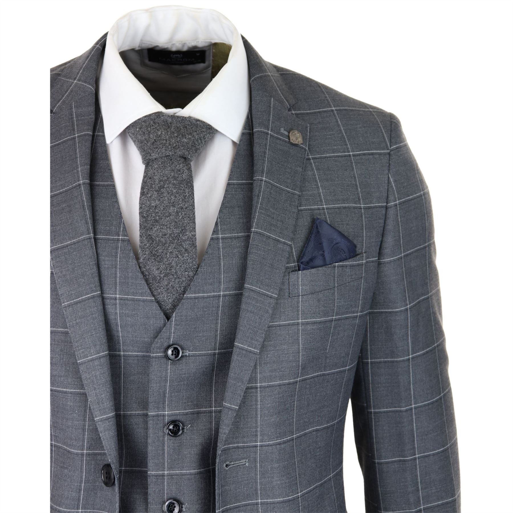 Mens Grey Check 3 Piece Suit Vintage Retro Smart Wedding Classic Tailored Fit Light