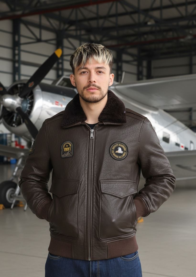 Men's Leather Bomber Jacket Fur Collar Aviator Coat