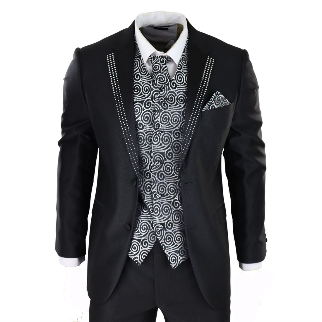 Mens Wedding 3 Piece Black Suit Diamonte Silver Cravat Waistcoat Groom Bestman - Knighthood Store