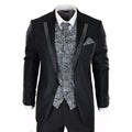 Mens Wedding 3 Piece Black Suit Diamonte Silver Cravat Waistcoat Groom Bestman - Knighthood Store