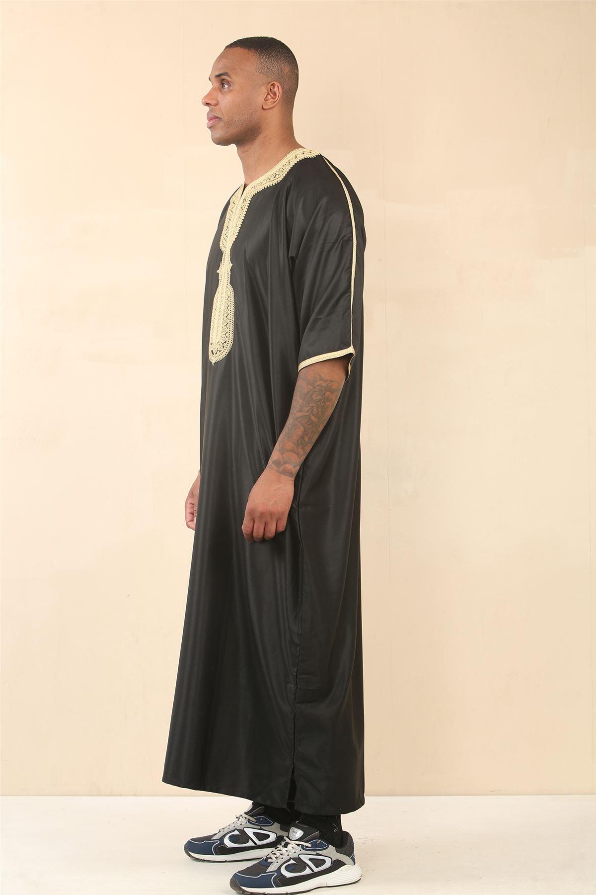 Men's Moroccan Thobe Gandoura Short Sleeve Jubba Islamic Clothing Kaftan Eid Robe Arab Embroidery