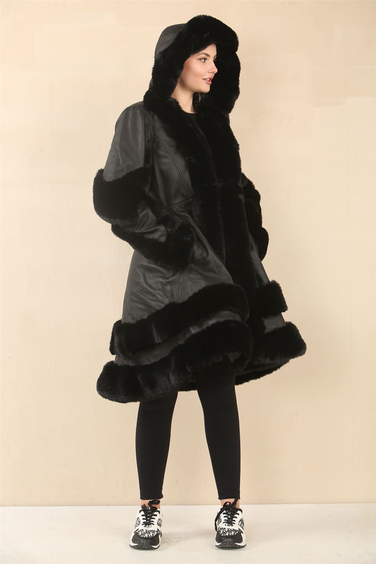 Women's Black Flared Hooded Leather Cape Coat