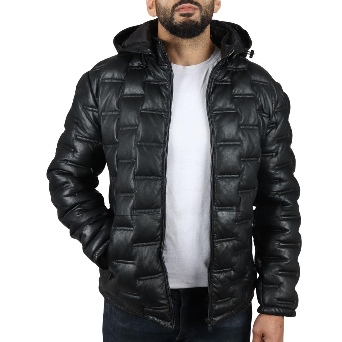 Men's Puffer Quilted Real Leather Jacket Hooded Casual - Knighthood Store