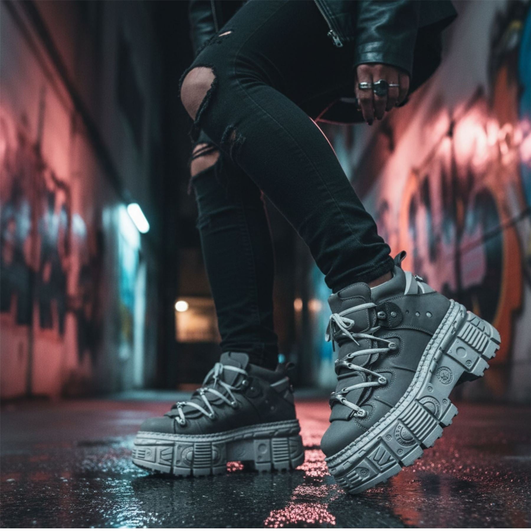 New Rock M-106WALL-C63 Grey Leather Urban Gothic Ankle Boots