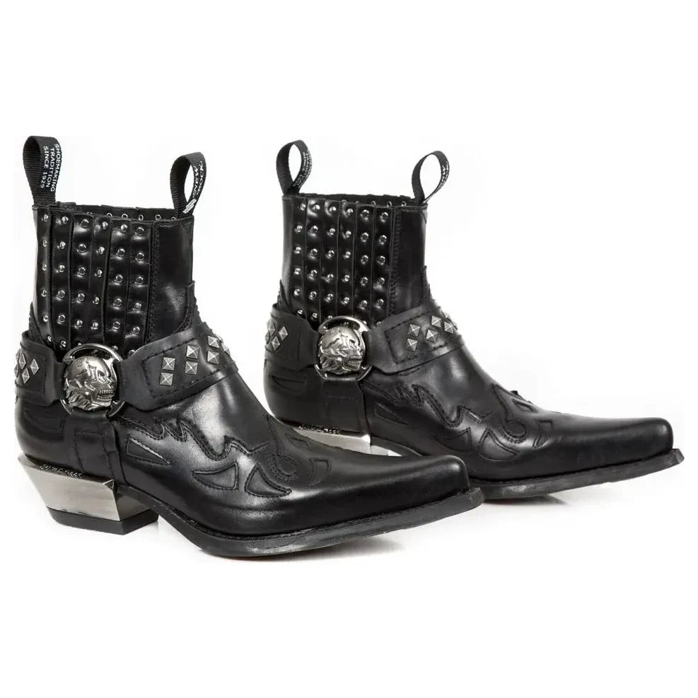 Men's New Rock M.7950-S1 Black Ankle Boots Western Goth Skull Stud