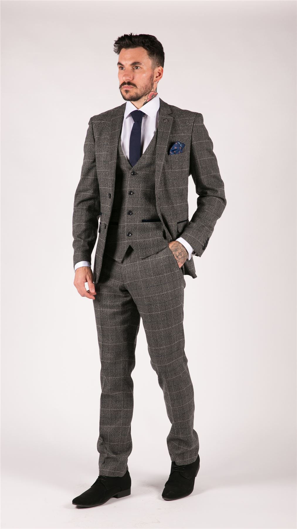 Mens Grey Check 3 Piece Suit Herringbone Tweed Vintage Tailored Fit Blue Velvet