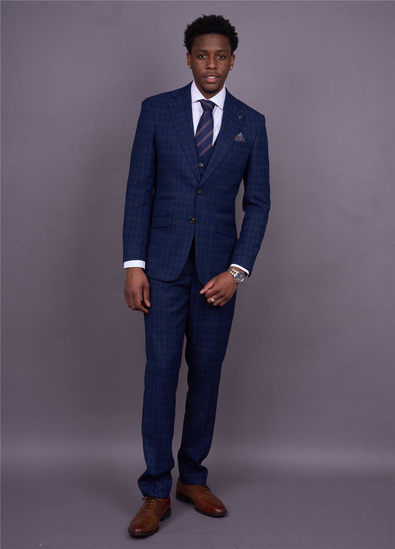 Marcos - Men's Navy Blue Plaid Check Slim Fit 3 Piece Suit