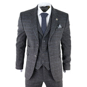 Mens Grey Tweed 3 Piece Suit Blue Check Vintage 1920s Gatsby Blinders Tailored Fit