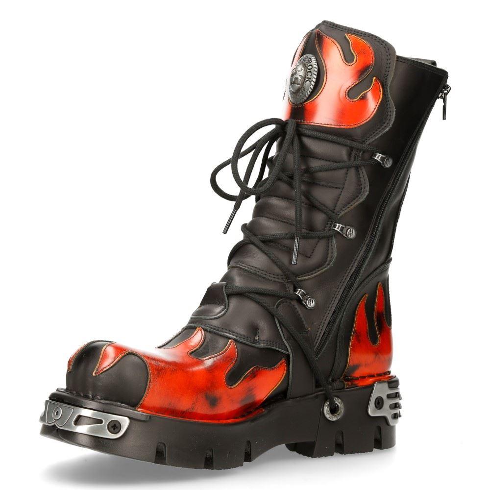 New Rock New Rock 591-s1 Red Flame Metallic Black Leather Boot Biker Goth Boots - Knighthood Store