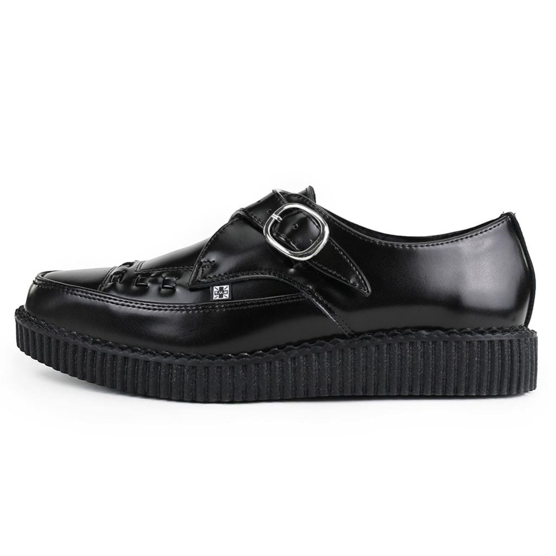 Pointed Creeper Black Leather Monk Buckle Platform Shoes