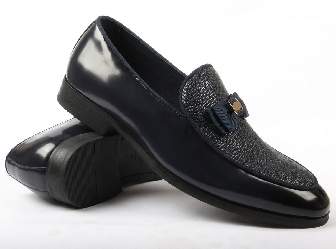 Men’s Formal Dress Loafers Patent PU Leather Textured Front Iconic Buckle Bow Modern Slip-On Shoes