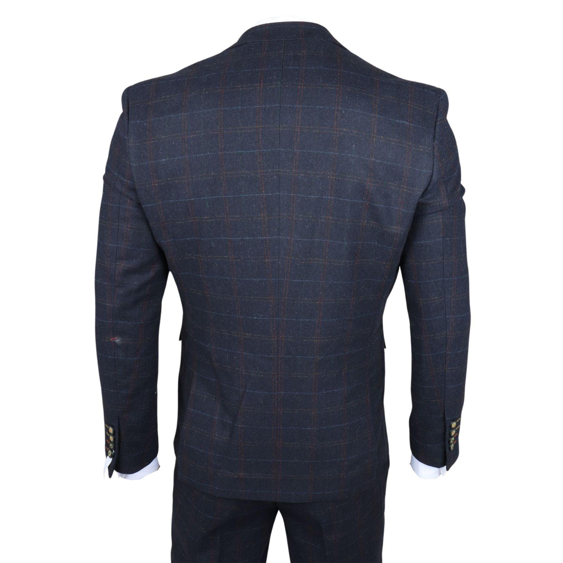 Men's Suit Wool Blend 3 Piece Navy Blue Herringbone Check Tweed Slim Fit Formal Dress - Knighthood Store