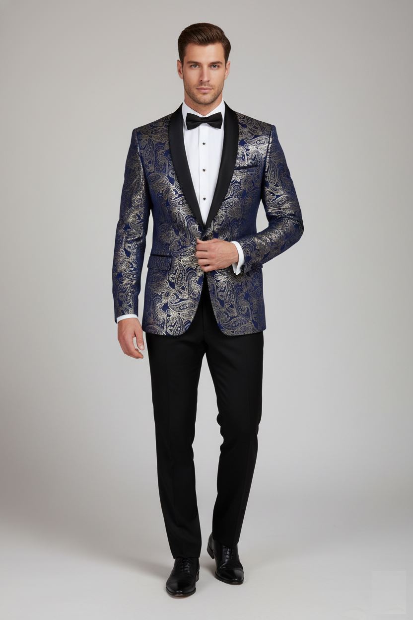 STZ63 - Mens Velvet Paisley Floral Blue Gold Tuxedo Blazer