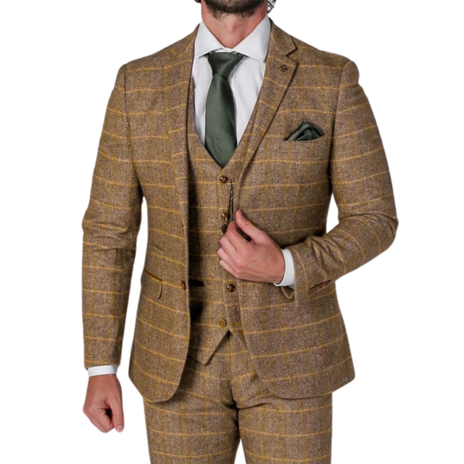 Men's Brown Suit Tweed Herringbone 3 Piece Wool Blend Formal Dress Suits