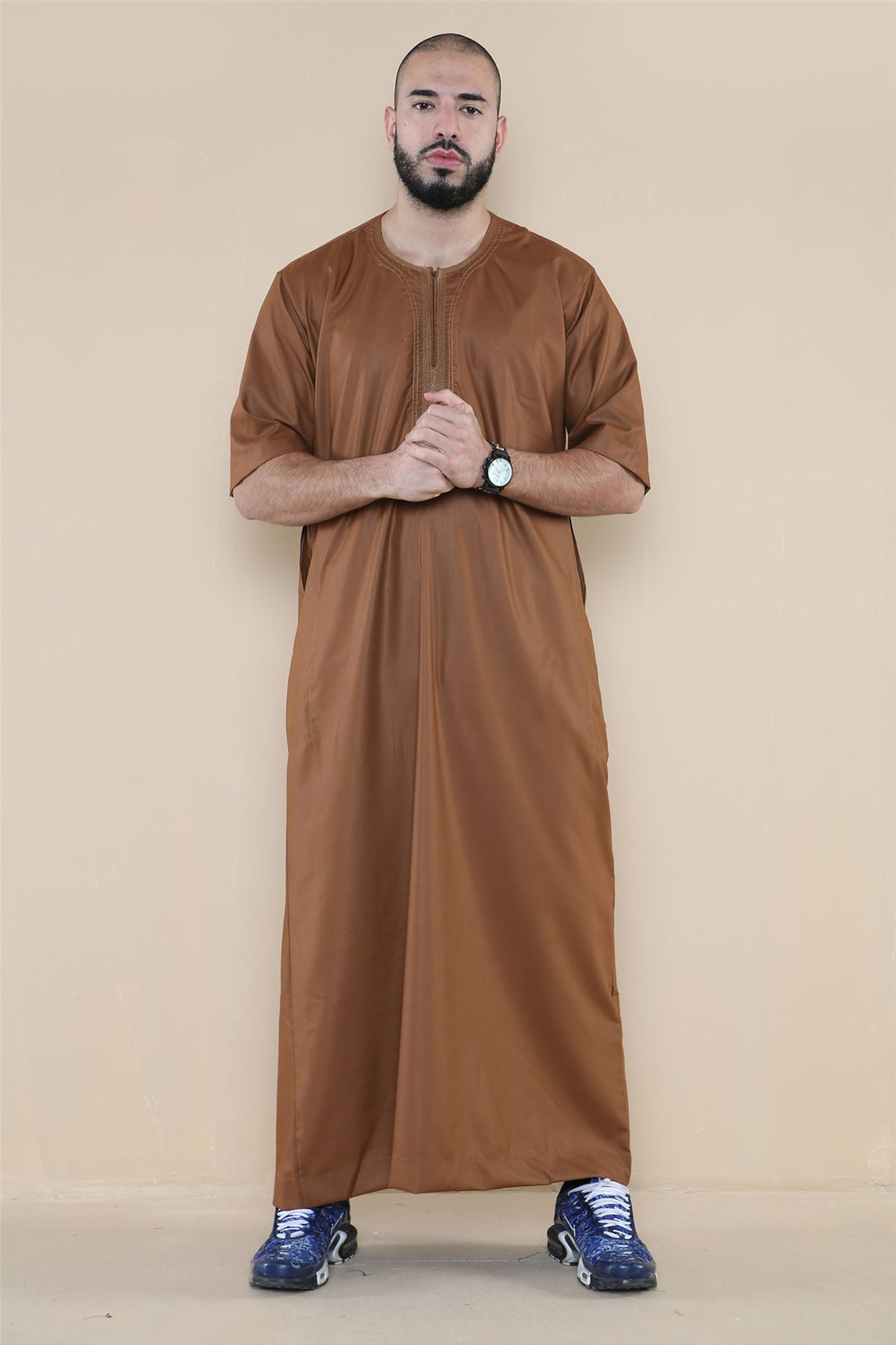 Mens Thobe Jubba Islamic Clothing Kaftan Half Sleeve Robe Moroccan Arab Zipped