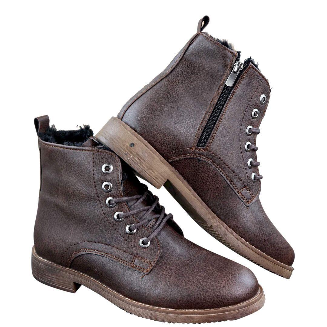 Mens Laced Zip Ankle Boots Fur Fleece Lined Warm Casual Hiking Combat Military - Knighthood Store