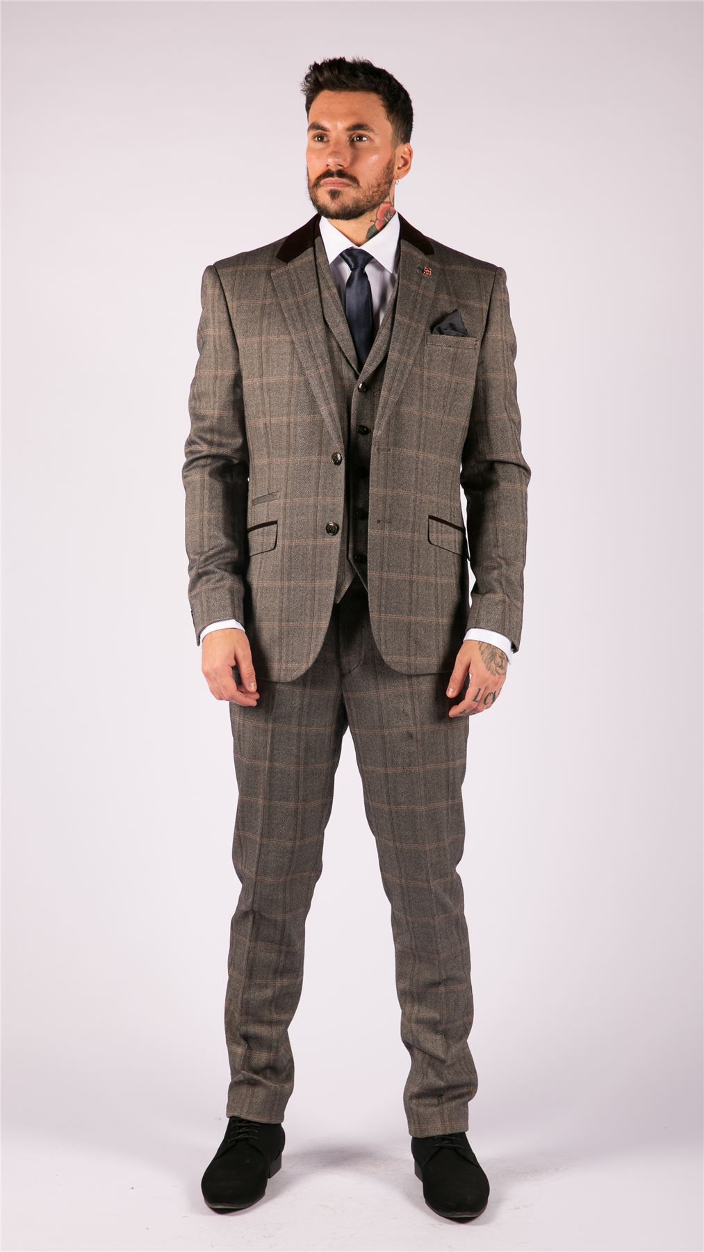 Mens Check Tweed Wool 3 Piece Tan Brown Beige Suit Vintage Retro Tailored Fit