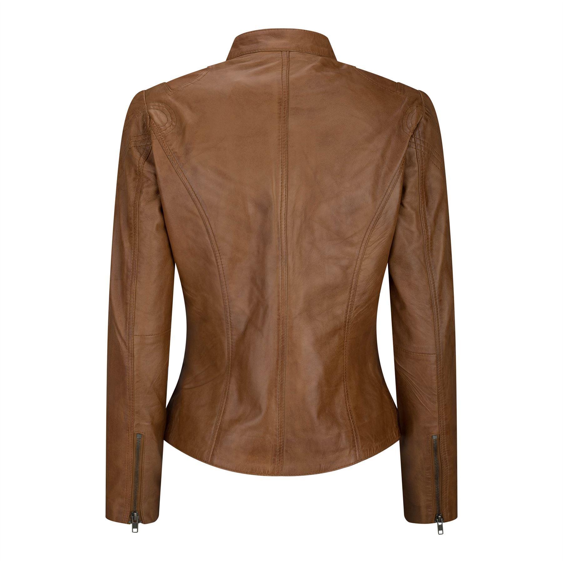 Ladies Real Leather Tan Biker Style Fashion Jacket Size UK 6-20 - Knighthood Store