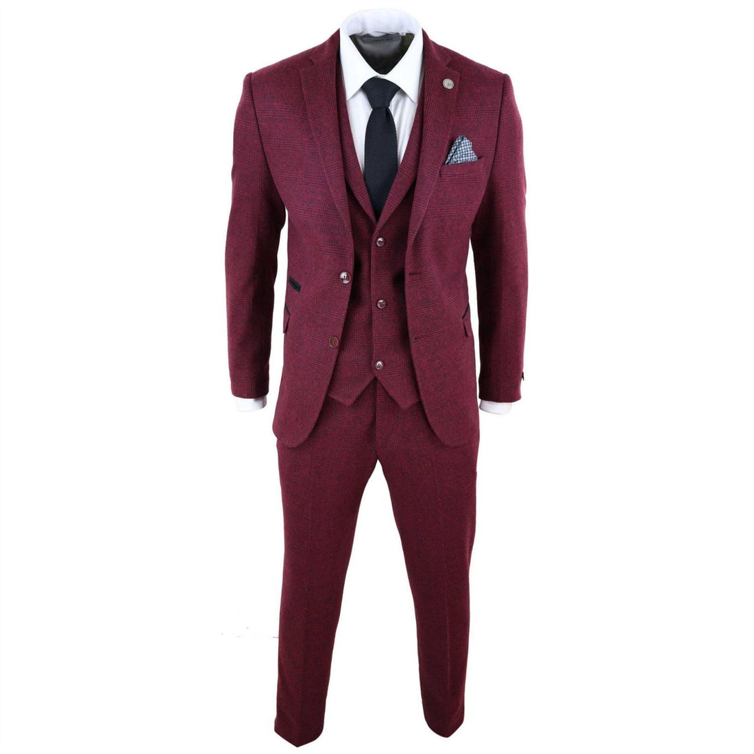 Mens Wine Maroon Check Herringbone Tweed Vintage Tailored Fit 3 Piece Suit Smart - Knighthood Store