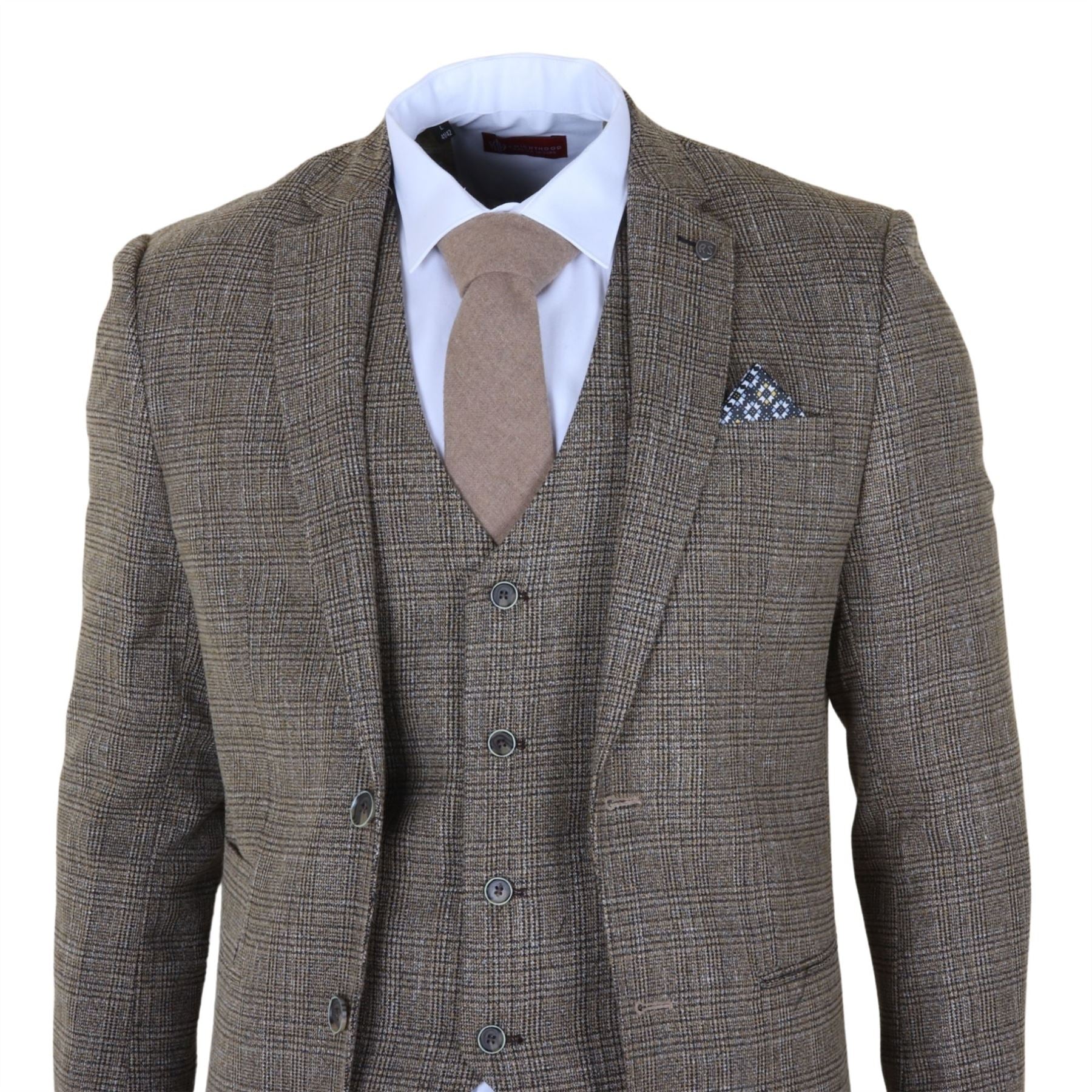 Parker - Men's Tan Brown Classic Check Slim Fit 3 Piece Suit