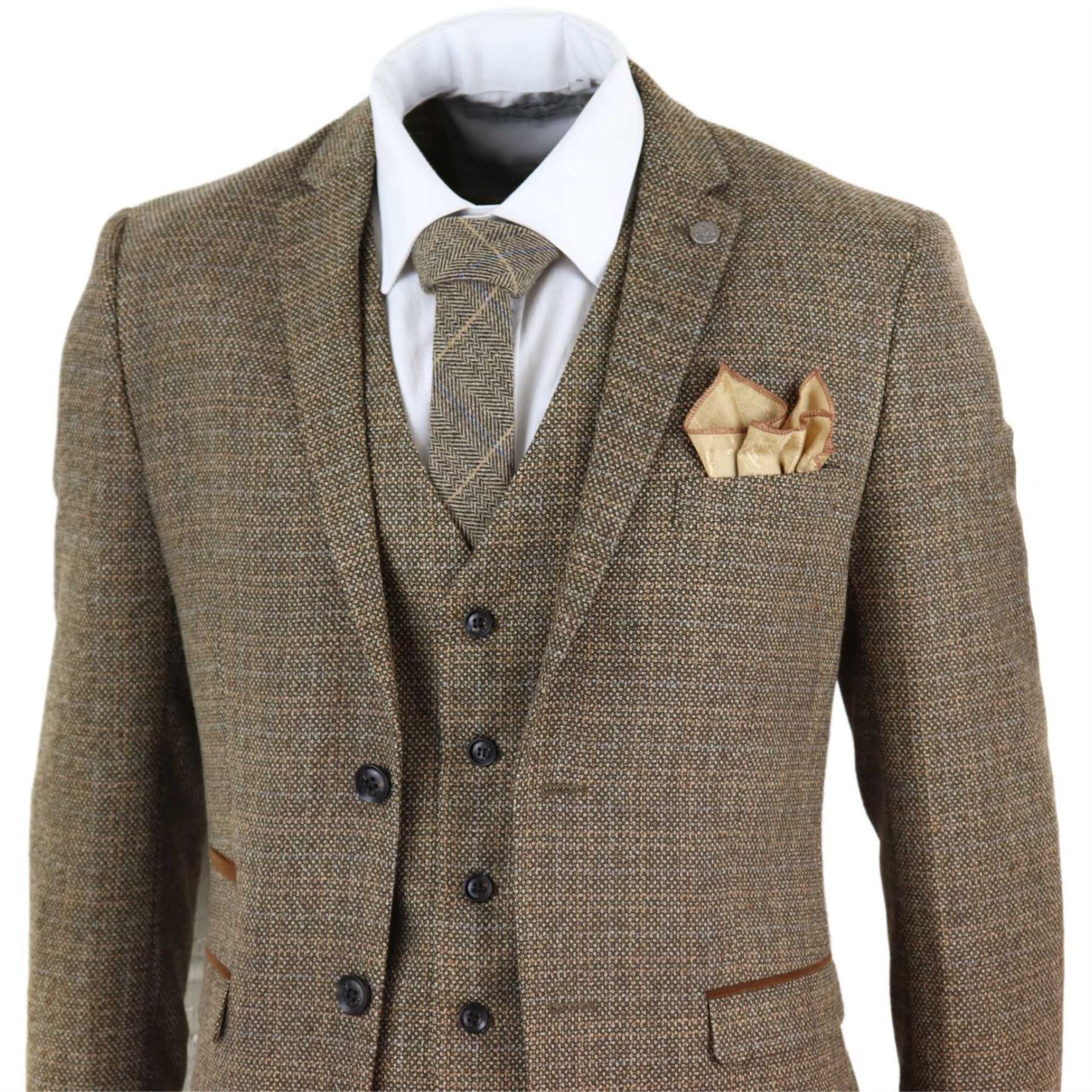 Mens 3 Piece Suit Tweed Check Vintage Retro Tailored Fit 1920s