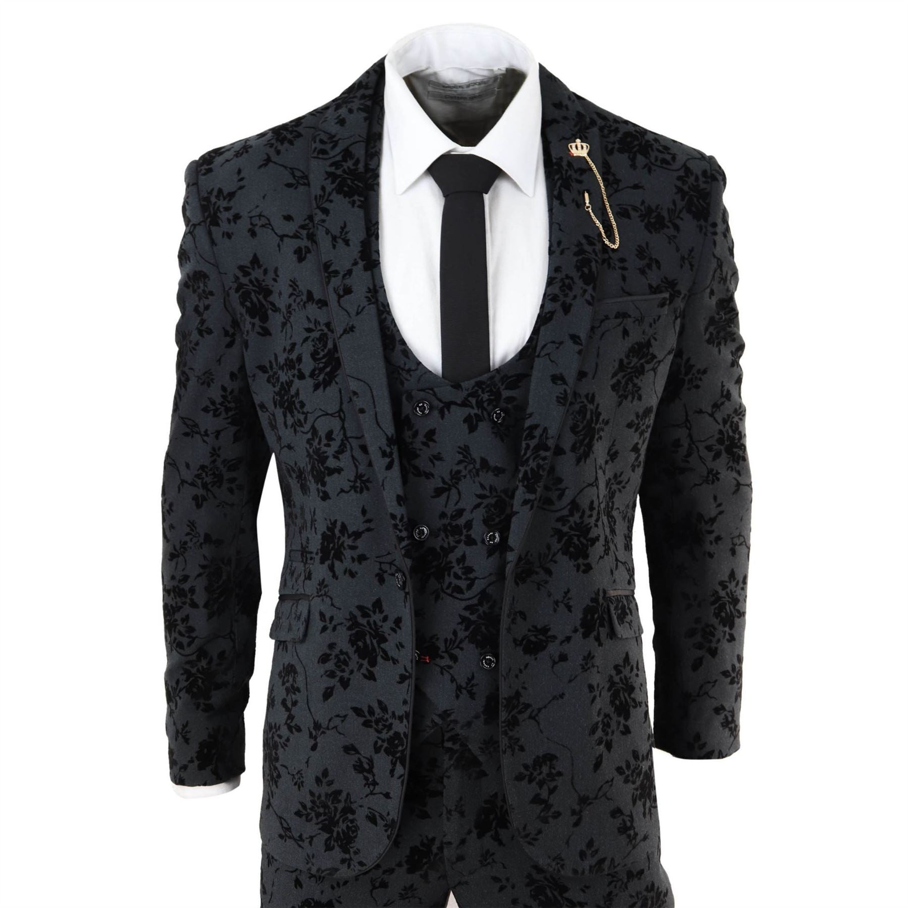 Mens Black 3 Piece Suit Paisley Velvet Wedding Grrom Best Man Tailored Fit