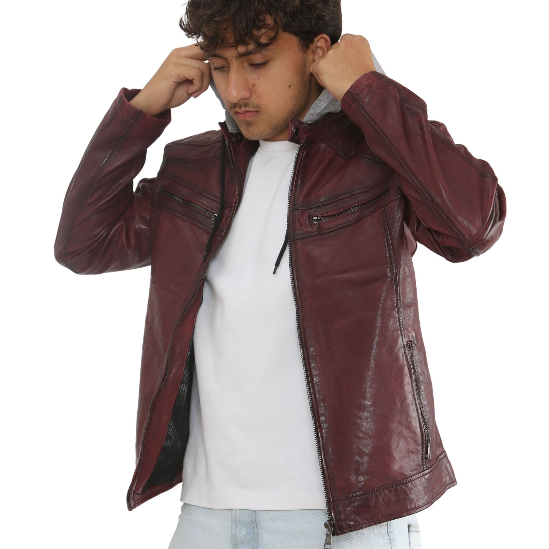 Men's Hooded Biker Lamb Leather Jacket