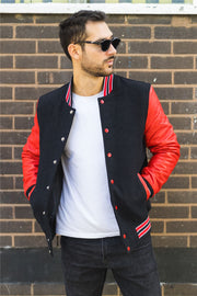 Men's Black Red Varsity Bomber Jacket Wool Body Real Leather Sleeves College Baseball Coat