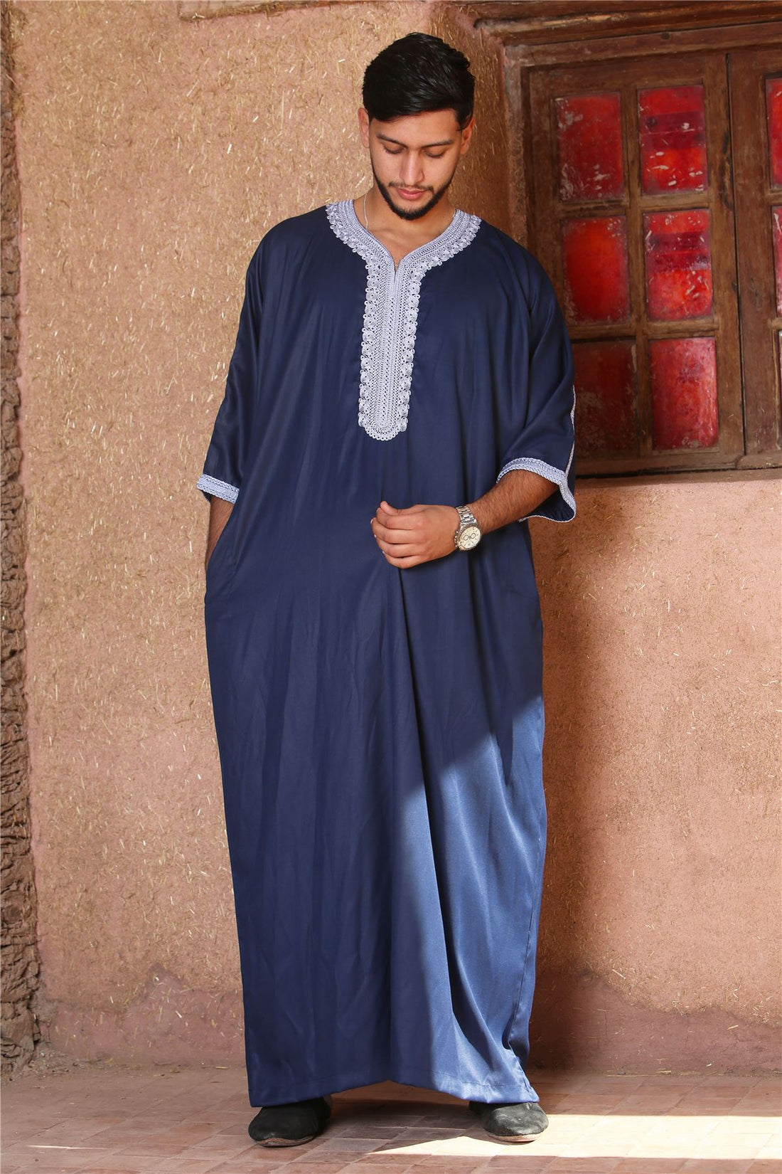 Men's Navy Moroccan Thobe Short Sleeve Gandoura Blue Embroidery Kaftan